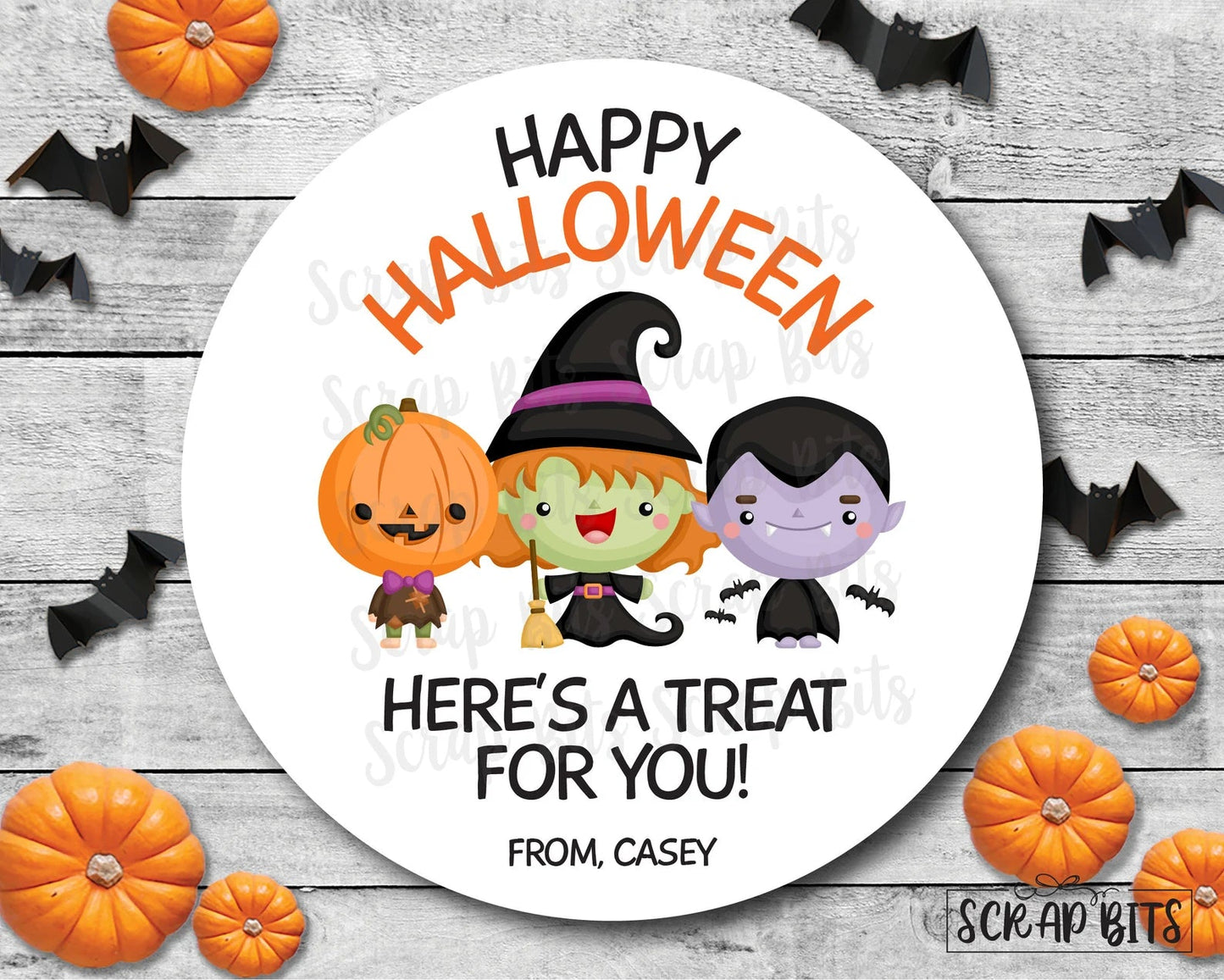 Halloween Kids, Pumpkin, Witch, Dracula Treat Bag Stickers or Tags - Scrap Bits