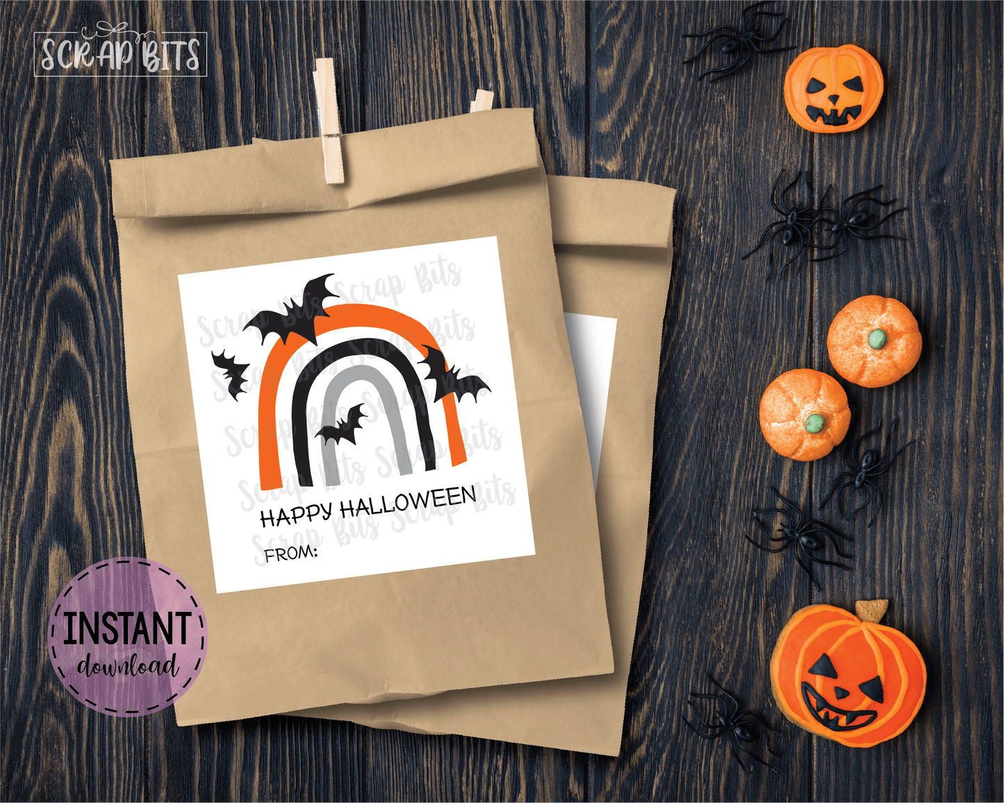 Halloween Rainbow, Flying Bats Tags, Halloween Tags, Instant Download - Scrap Bits