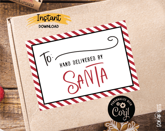 Hand Delivered By Santa Shipping Label, Printable From Santa Labels, Doodle Stripes . Instant Download - Scrap Bits
