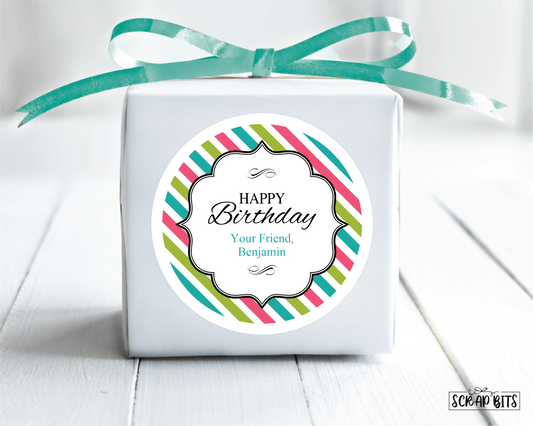 Happy Birthday Diagonal Stipes . Birthday Favor Stickers or Tags - Scrap Bits