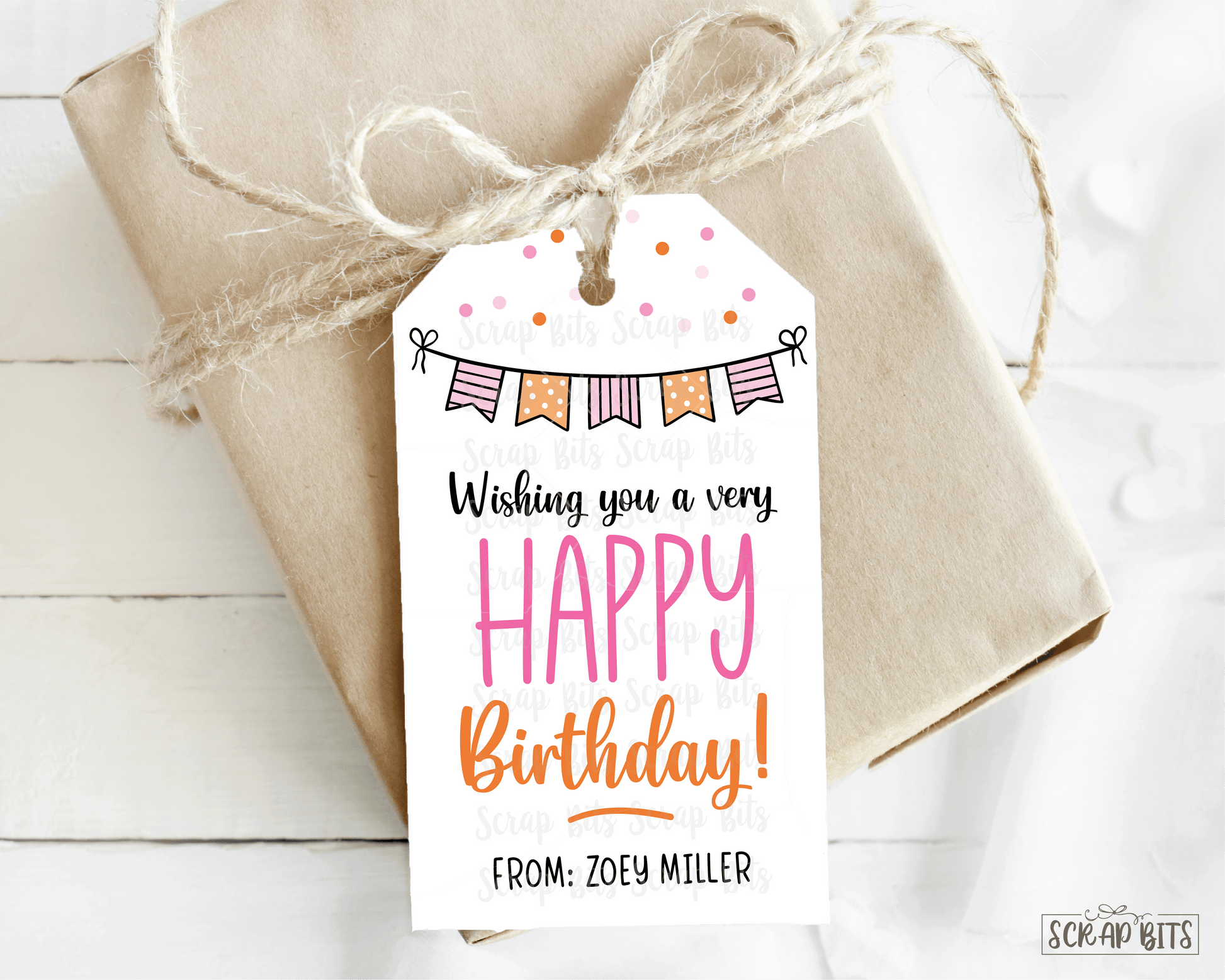 Happy Birthday Tags, Blue Doodle Bunting, Personalized Birthday Gift Tags - Scrap Bits