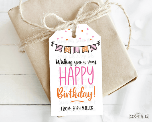 Happy Birthday Tags, Pink Doodle Bunting, Personalized Birthday Gift Tags - Scrap Bits
