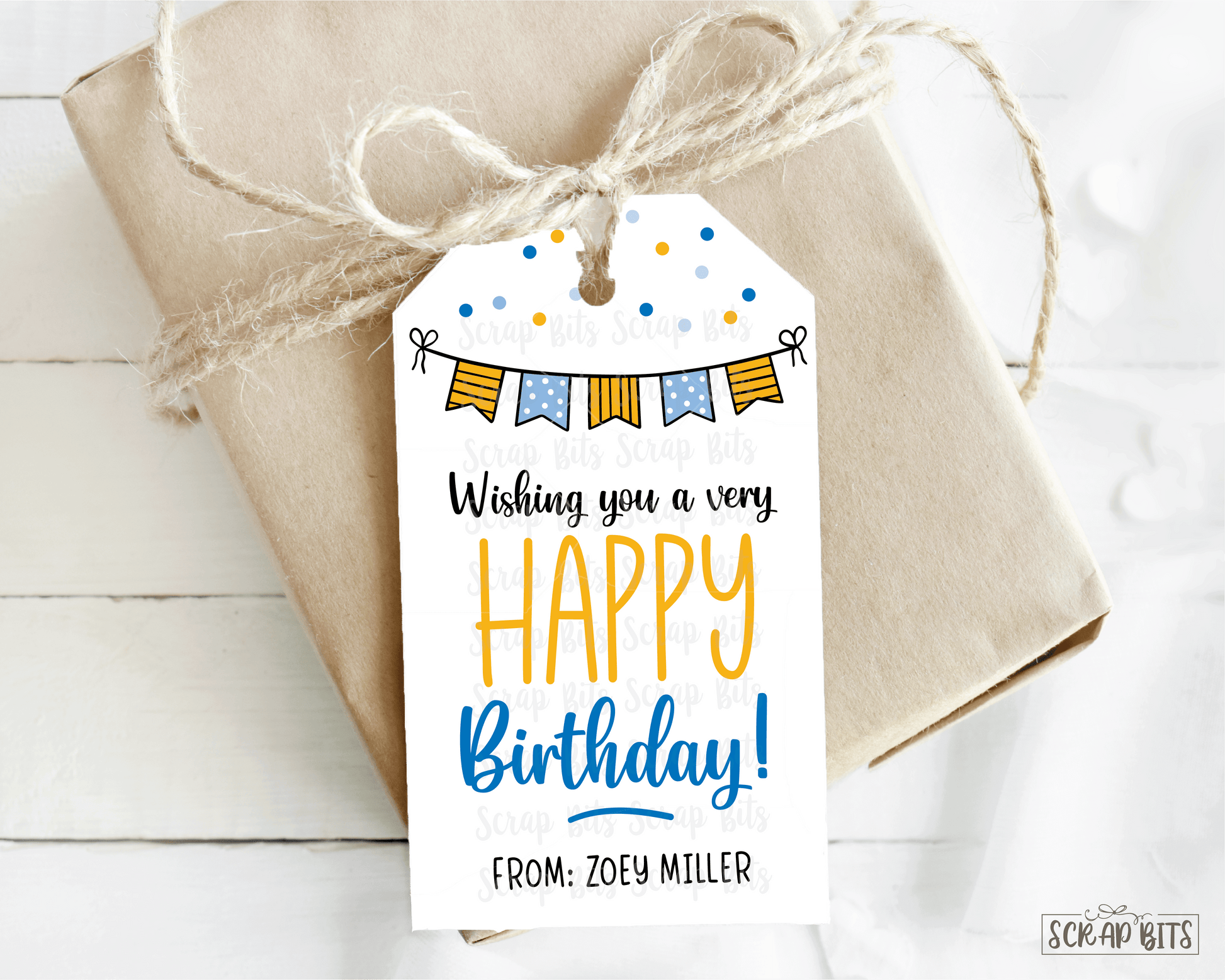 Happy Birthday Tags, Pink Doodle Bunting, Personalized Birthday Gift Tags - Scrap Bits