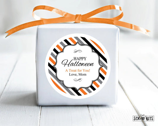 Happy Halloween, Label on Stripes . Halloween Stickers or Tags - Scrap Bits