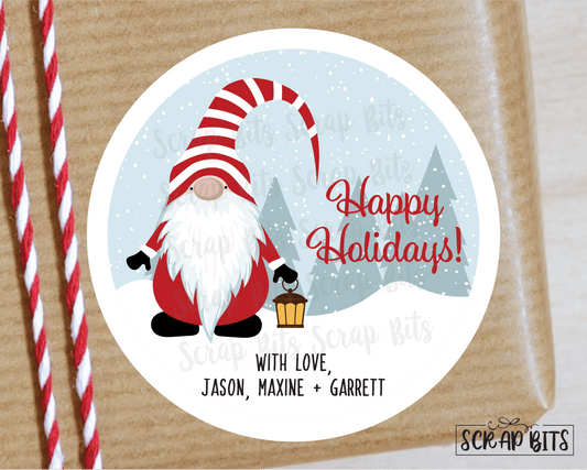 Happy Holidays Christmas Gnome Stickers or Tags . Christmas Gift Labels - Scrap Bits