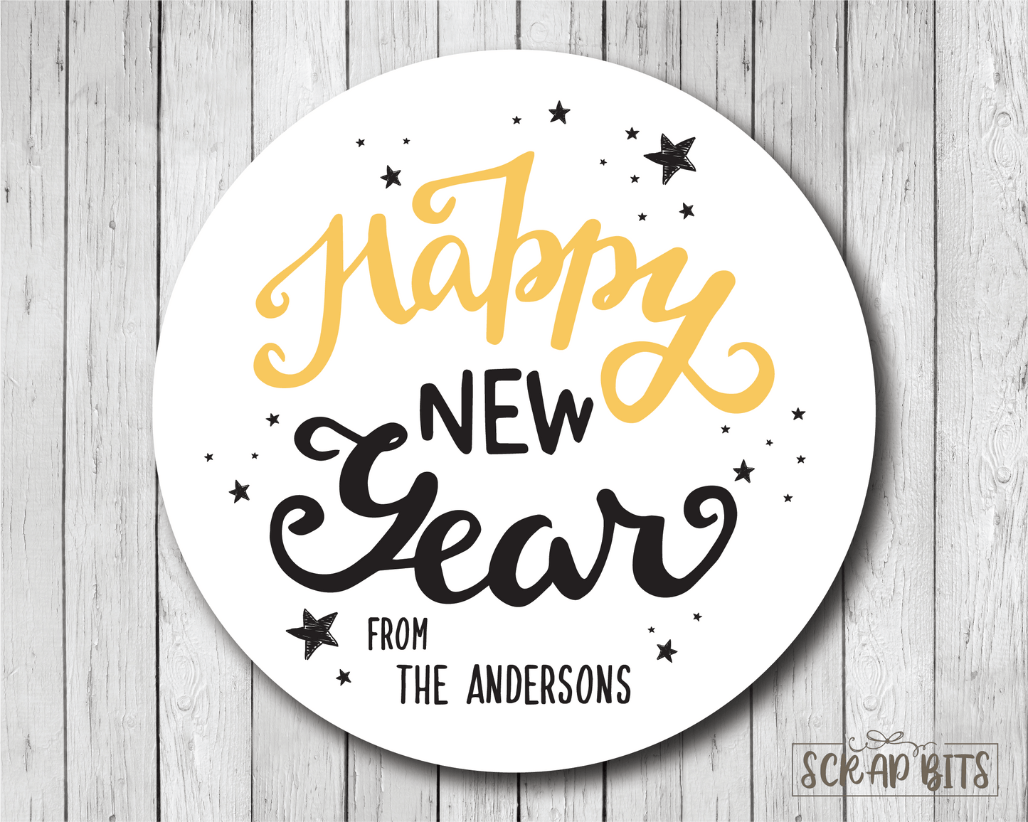 Happy New Year Stickers or Tags, Swirly Lettering - Scrap Bits