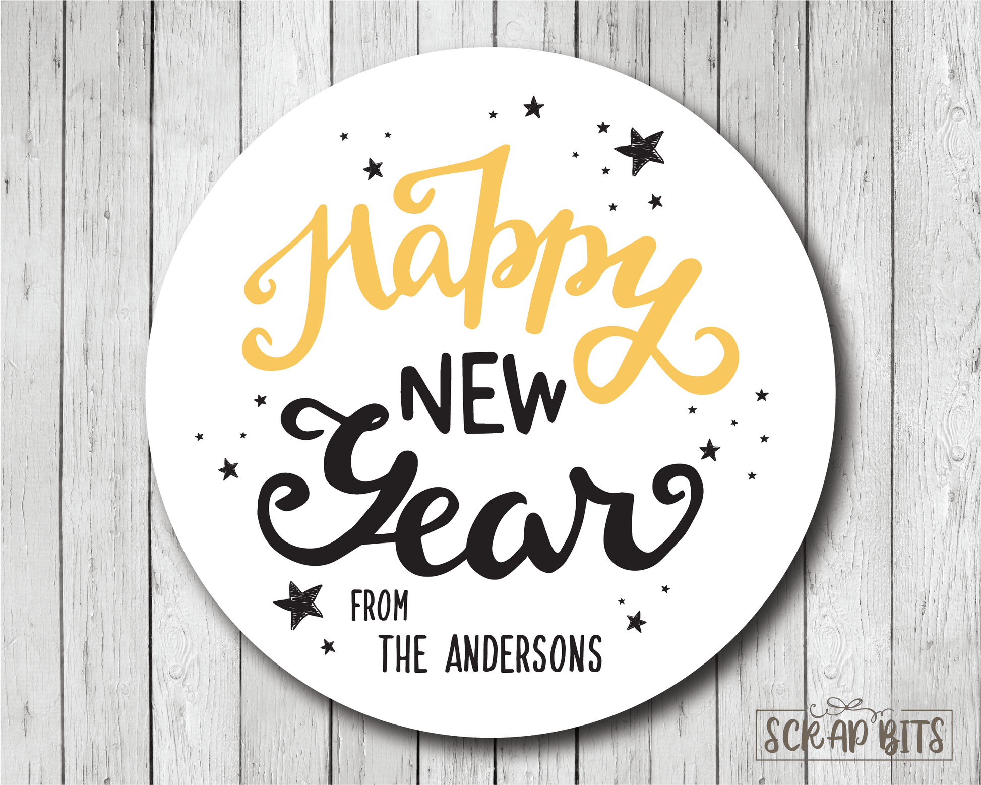 Happy New Year Stickers or Tags, Swirly Lettering - Scrap Bits