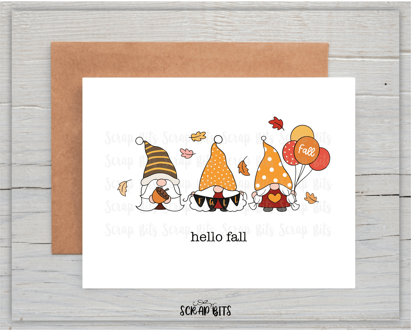 Hello Fall Card, Fall Gnomes Card, Single or Set of 10 - Scrap Bits