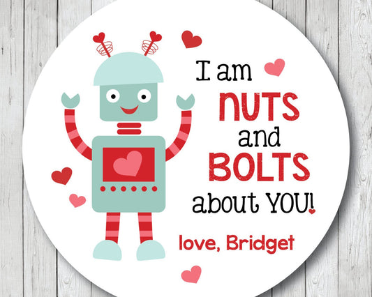 I Am Nuts & Bolts About You Valentine . Robot Valentines . Valentine's Day Stickers or Tags - Scrap Bits