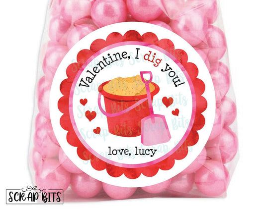I Dig You Valentine, Bucket . Valentine's Day Stickers or Tags - Scrap Bits