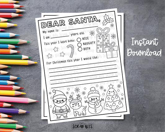 Letter To Santa Coloring Page, Printable Santa Letter . Instant Download - Scrap Bits