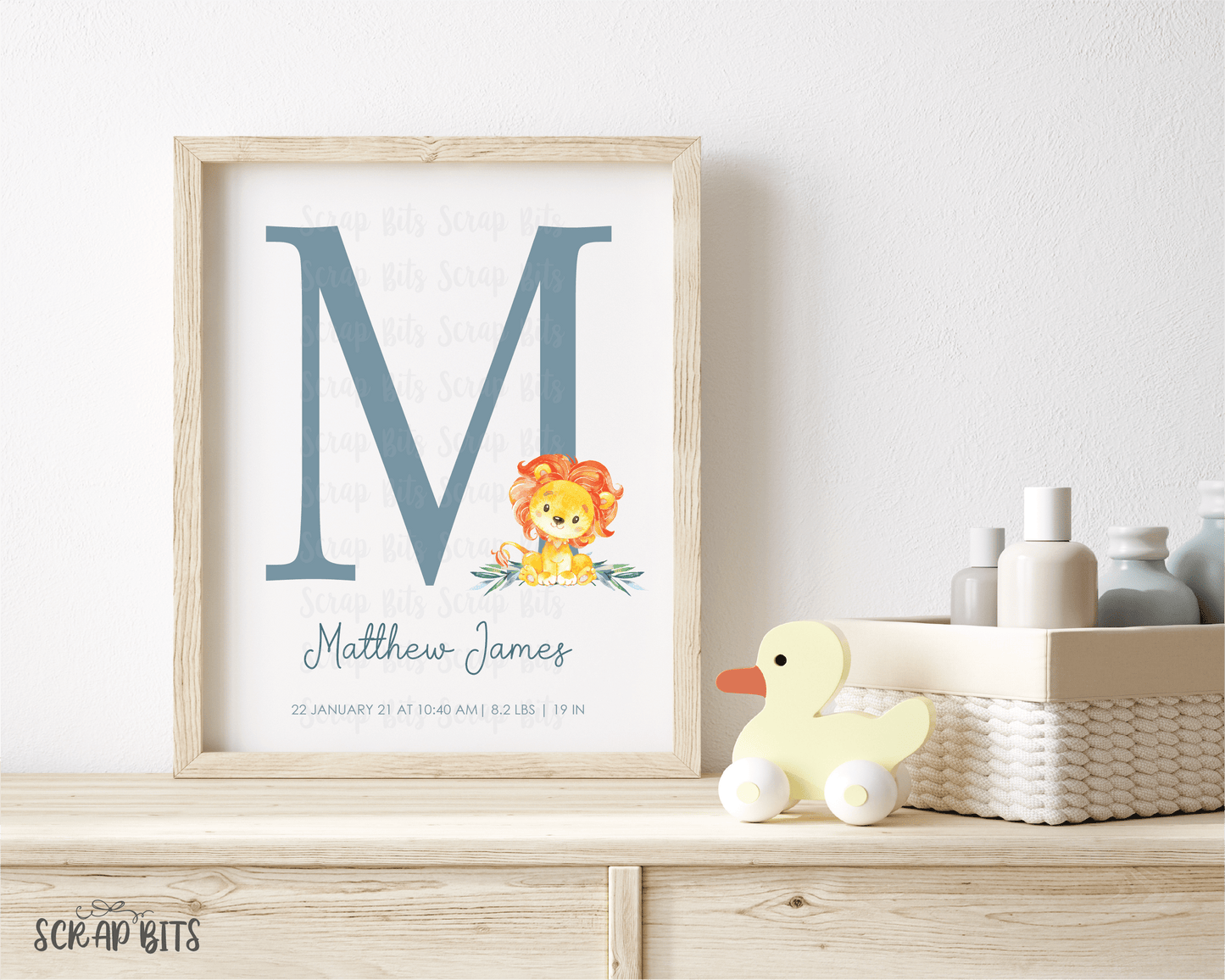 Lion Nursery Art, Baby Stats Print . Large Initial Personalized Nursery Print - Scrap Bits