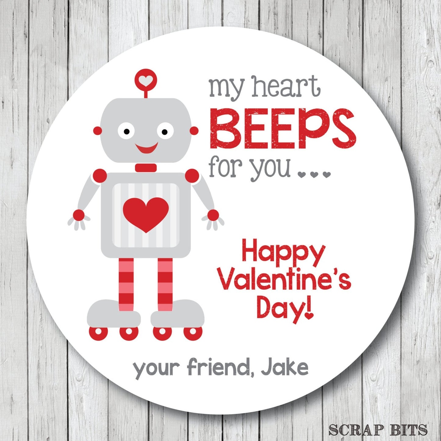 My Heart Beeps for You Valentine, Robot Valentines . Valentine's Day Stickers or Tags - Scrap Bits