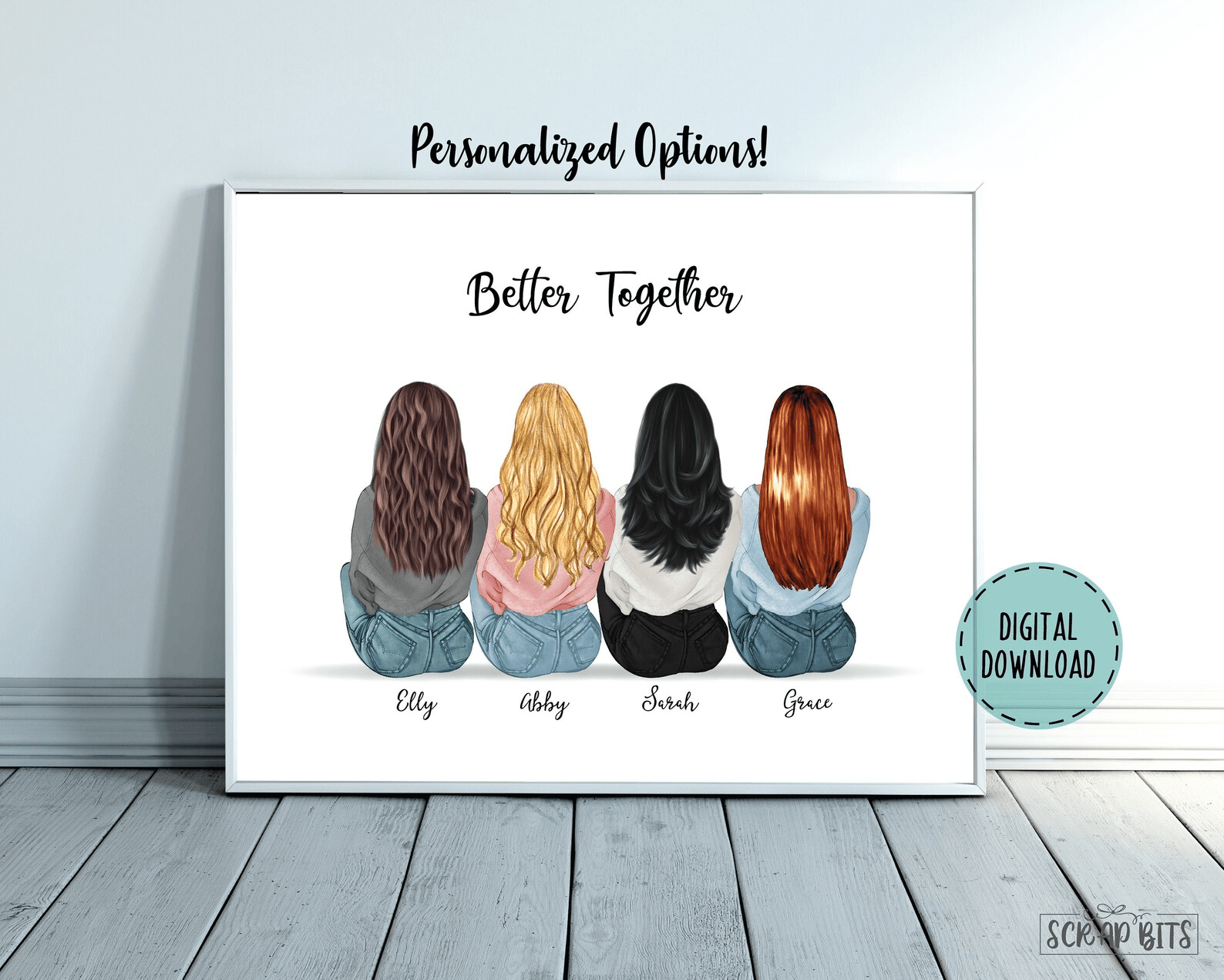 My People Friendship Print, Sitting Best Friends Print, Personalized Gift For Friends . Personalized Digital Portrait Print - Scrap Bits