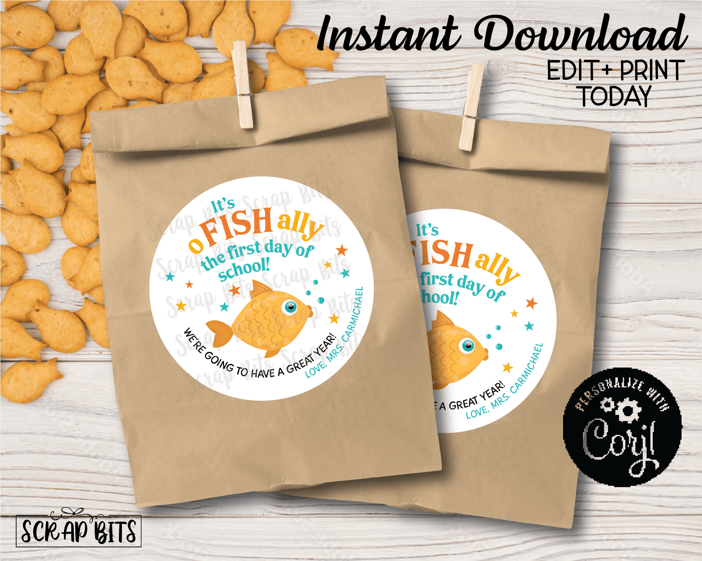 O-Fish-Ally First Day of School Stickers . Printable Back To School Labels, Instant Download Editable Template - Scrap Bits