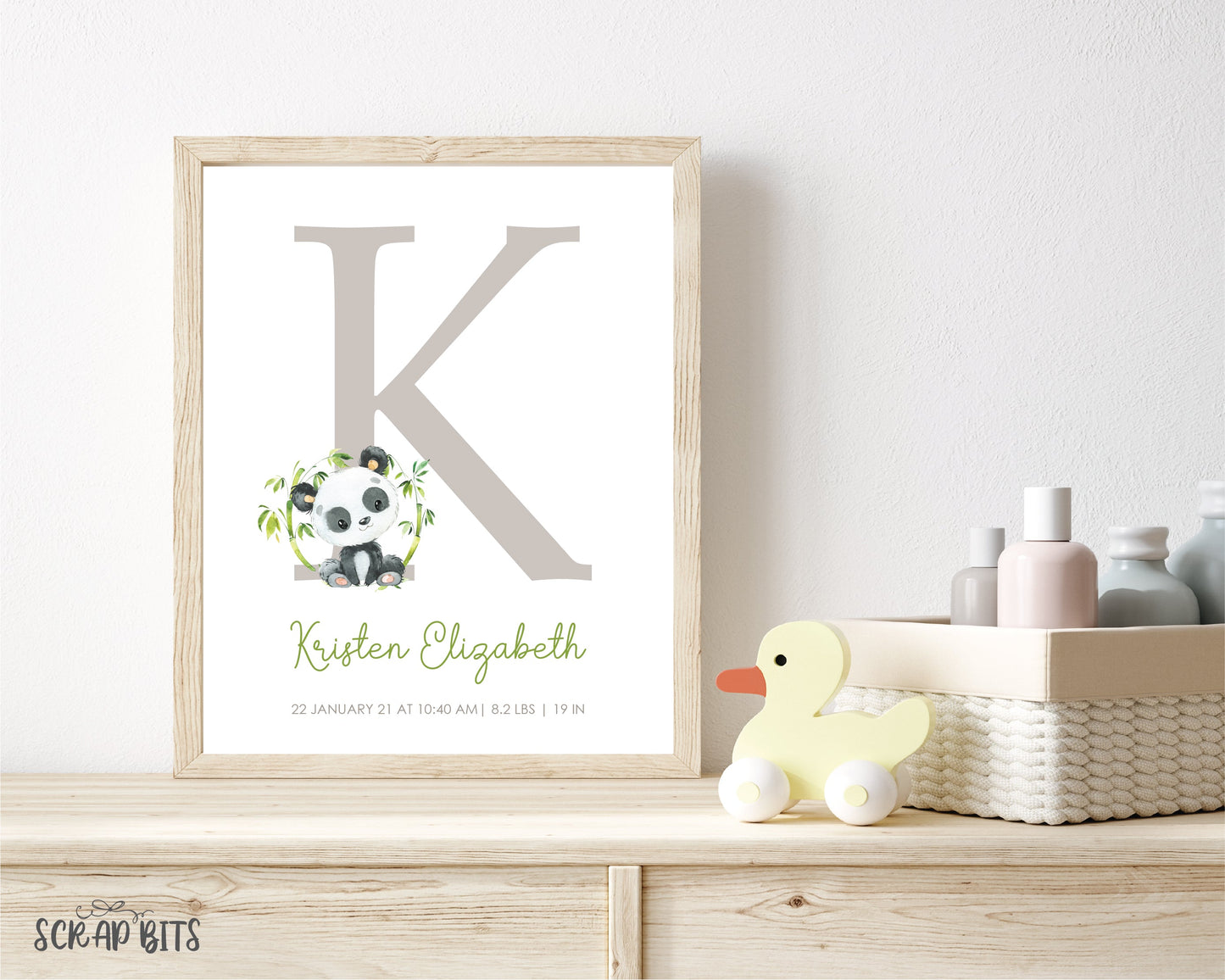 Panda Nursery Art, Baby Stats Print . Large Initial Personalized Nursery Print - Scrap Bits