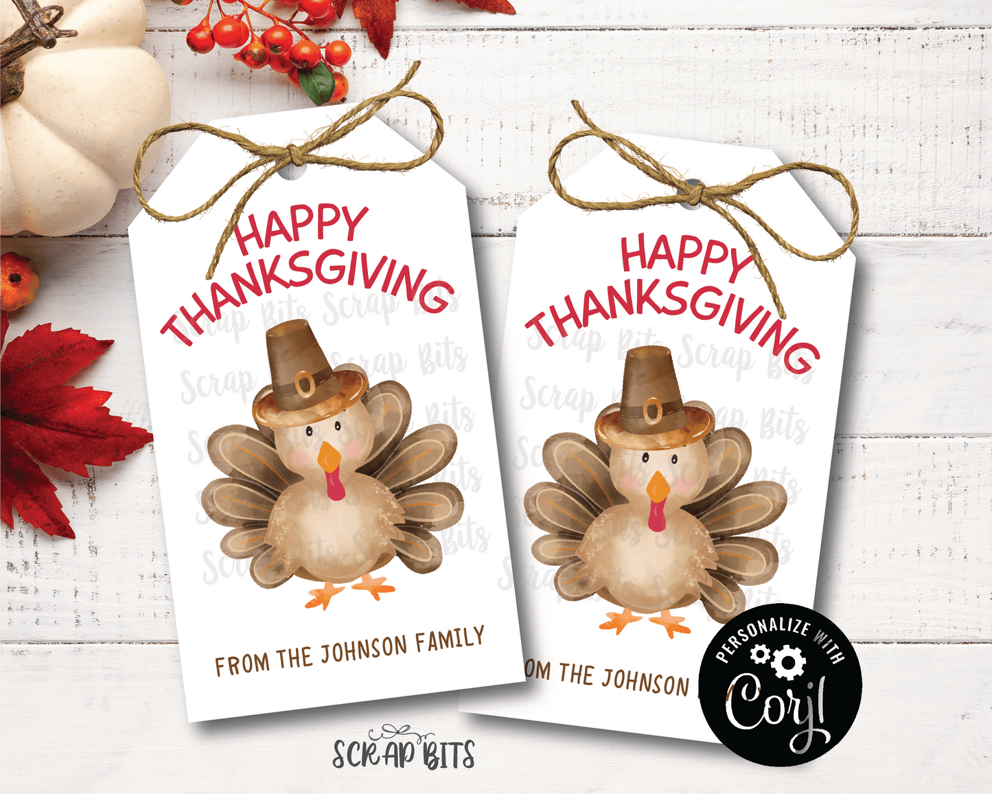 Pilgrim Turkey Tags, Printable Thanksgiving Tags . Instant Download Editable Template - Scrap Bits
