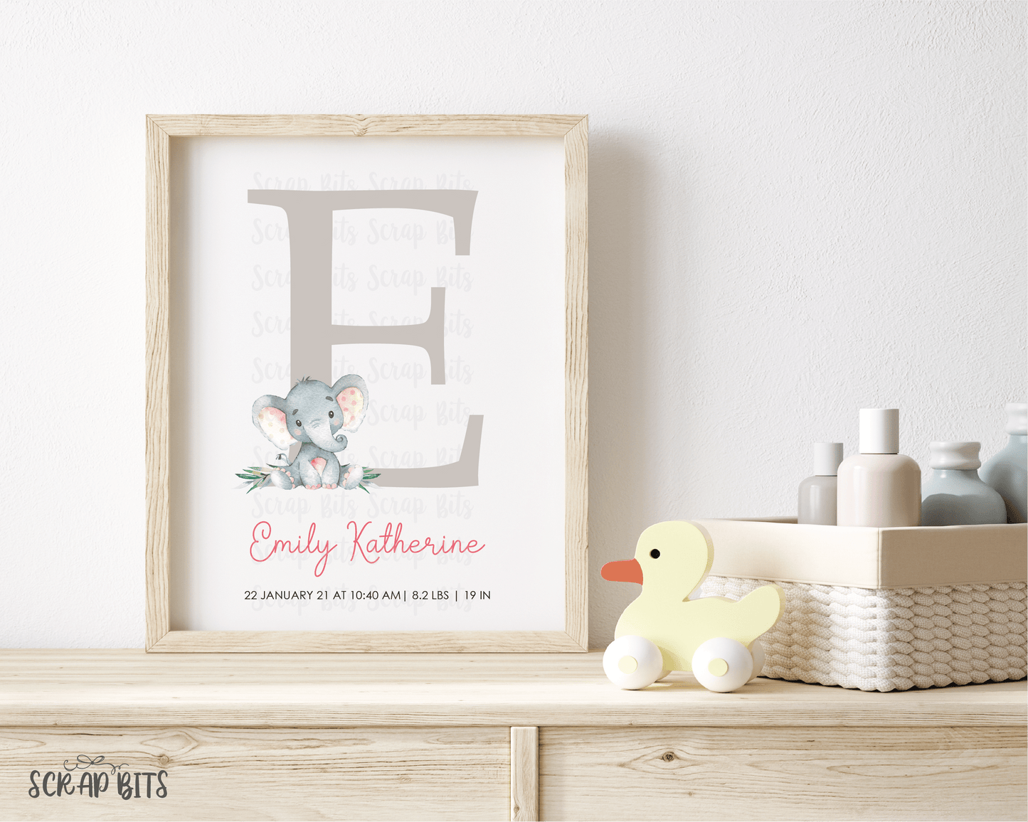 Pink Elephant Nursery Art, Baby Stats Print . Large Initial Personalized Nursery Print - Scrap Bits