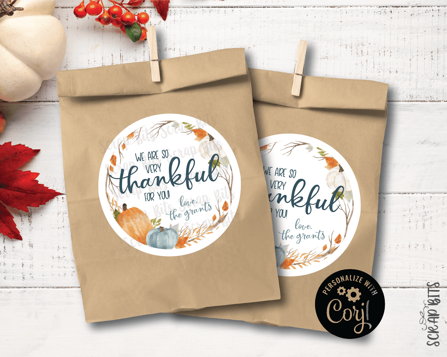 Pumpkin Wreath Thankful Stickers . Printable Thanksgiving Labels, Instant Download Editable Template - Scrap Bits
