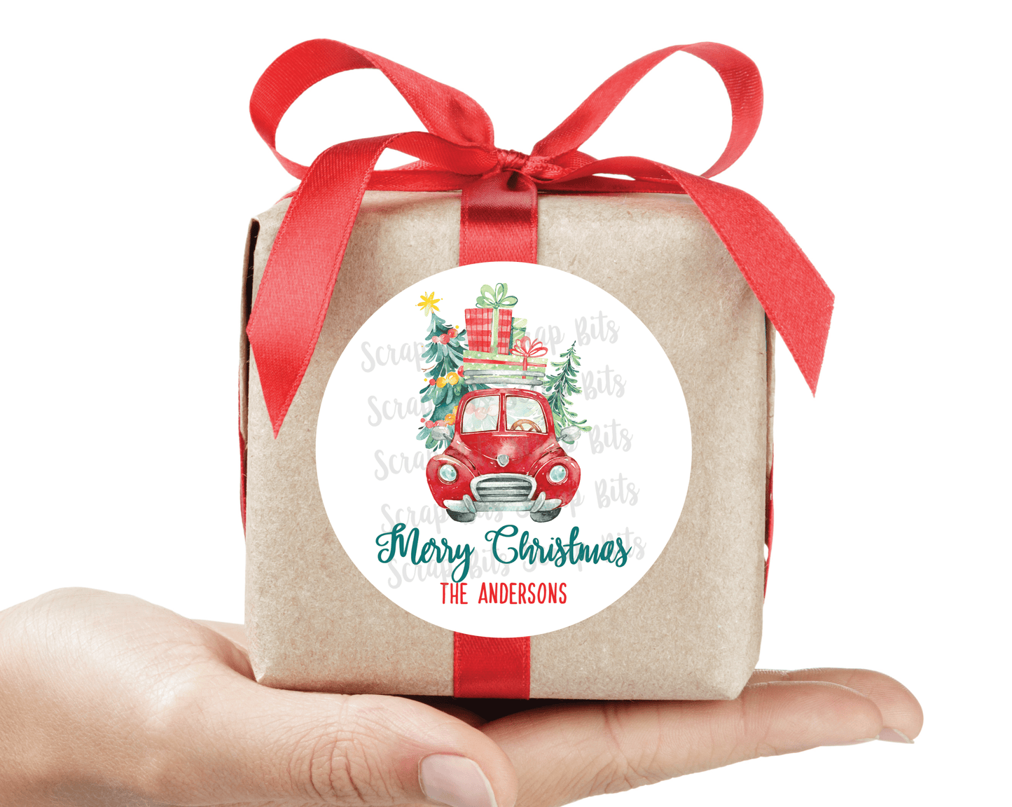 Red Christmas Car of Presents Stickers or Tags . Christmas Gift Labels - Scrap Bits