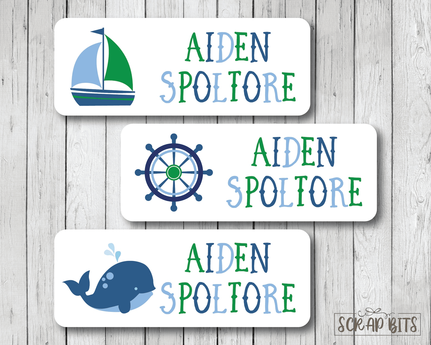 Sailing Name Labels, Blue Green . Personalized Belonging Labels - Scrap Bits