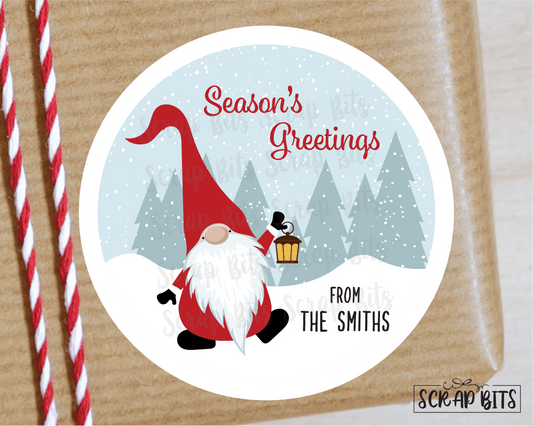 Season's Greetings Christmas Gnome Stickers or Tags . Christmas Gift Labels - Scrap Bits