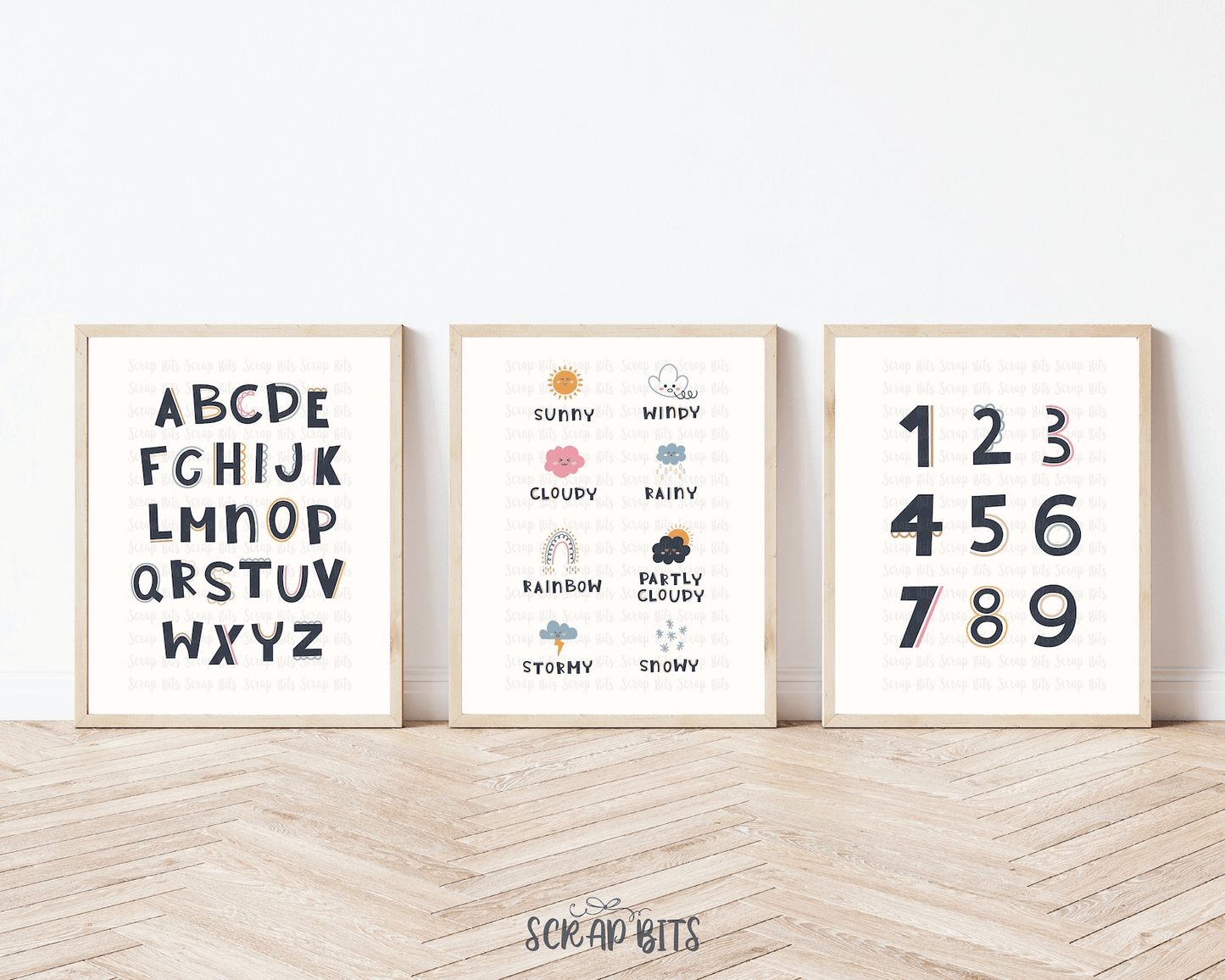 Set of 3 Educational Posters, Numbers, Alaphabet & Weather Prints, Cutesy Font . 5 Digital Print Sizes - Scrap Bits