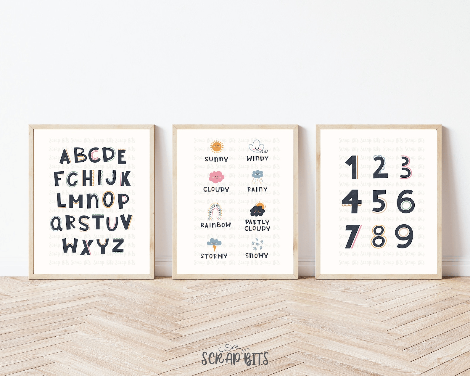 Set of 3 Educational Posters, Numbers, Alaphabet & Weather Prints, Cutesy Font . 5 Digital Print Sizes - Scrap Bits