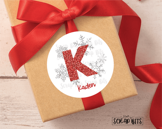 Snowflake Christmas Stickers, Faux Red Glitter Initial Christmas Name Stickers . Personalized Christmas Stickers or Tags - Scrap Bits