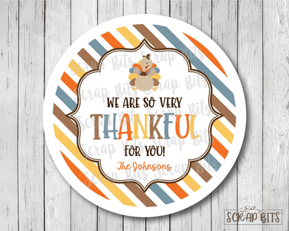 So Very Thankful Turkey Stickers, Diagonal Stripes . Thanksgiving Stickers or Tags - Scrap Bits