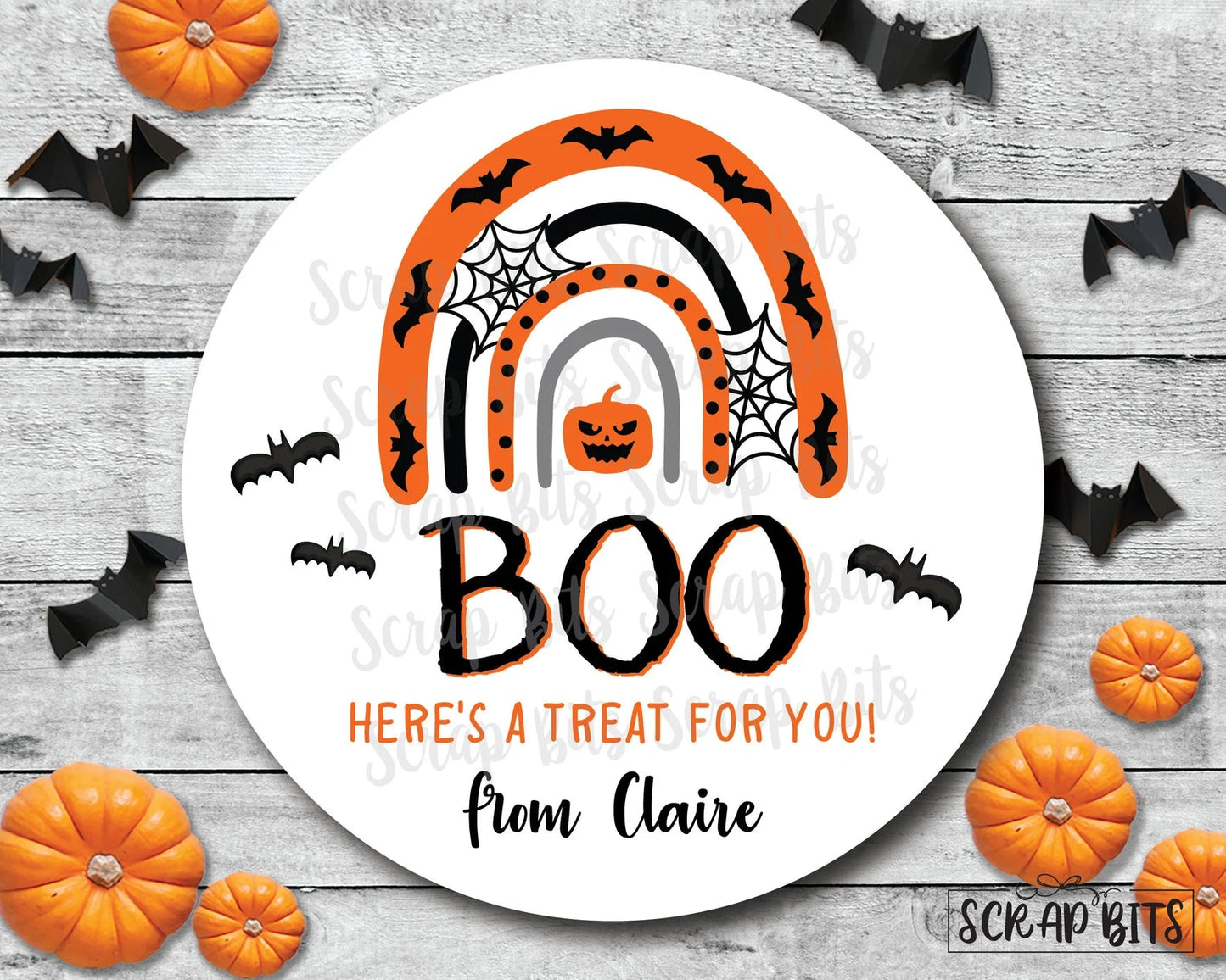 Spiderweb Rainbow BOO Stickers, Halloween Treat Bag Stickers or Tags - Scrap Bits