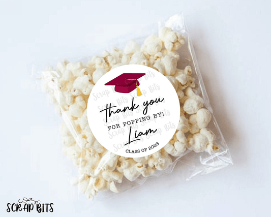 Thanks For Popping By Stickers, Grad Cap . Personalized Favor Stickers or Tags - Scrap Bits