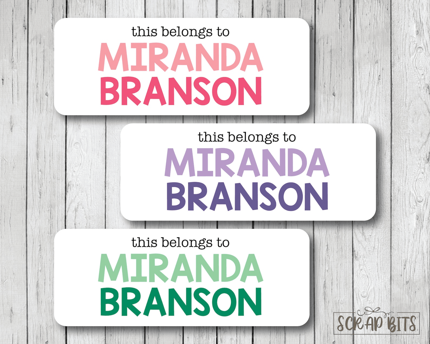 This Belongs To Labels, Girl Tri-Color. Personalized Name Labels - Scrap Bits
