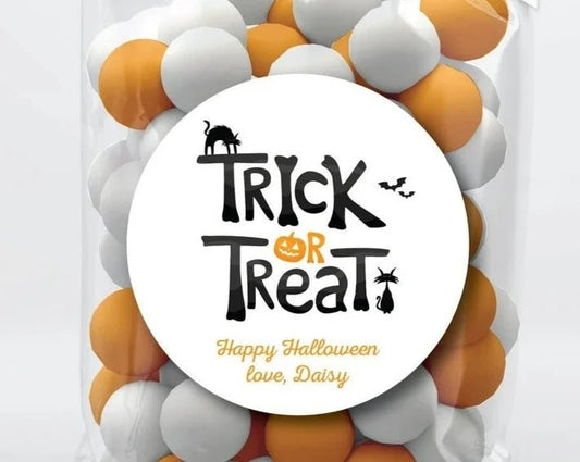 Trick or Treat, Black Cat Pumpkin . Halloween Stickers or Tags - Scrap Bits