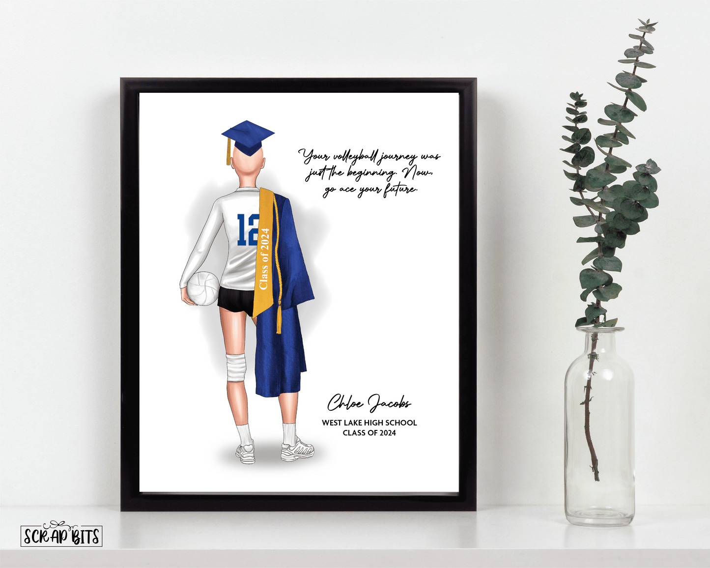 Volleyball Graduation Print, Personalized Graduation Gift for Her, Full Body . Digital Portrait Print - Scrap Bits