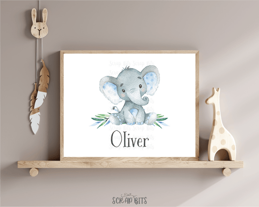 Watercolor Elephant (Blue Ear) Name Print - Scrap Bits