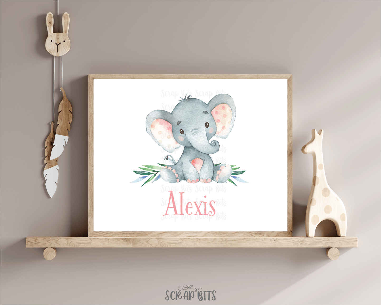 Watercolor Elephant (Pink Ear) Name Print - Scrap Bits