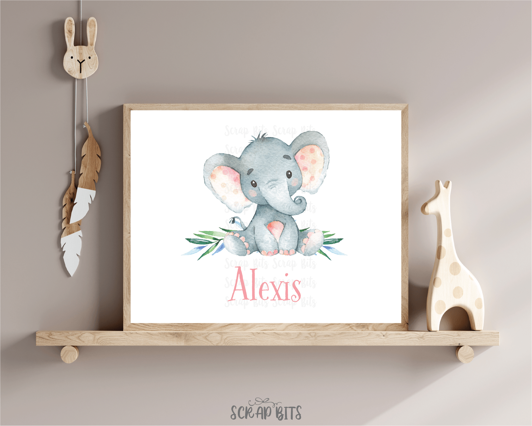Watercolor Elephant (Pink Ear) Name Print - Scrap Bits