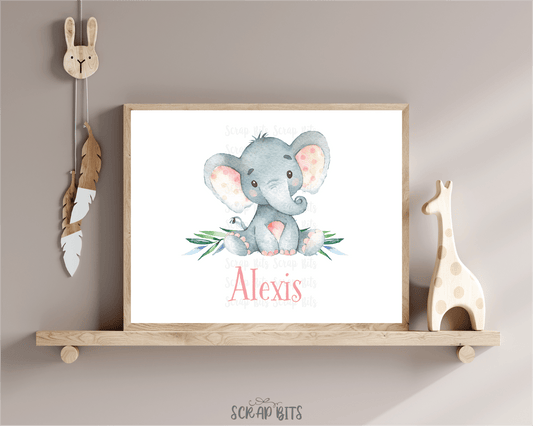 Watercolor Elephant (Pink Ear) Name Print - Scrap Bits