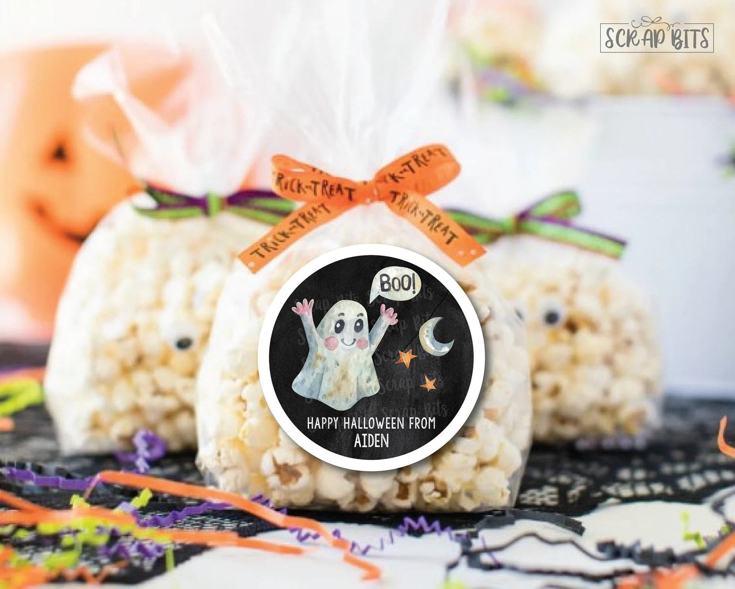 Watercolor Ghost Halloween Treat Bag Stickers or Tags - Scrap Bits