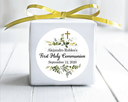 Watercolor Greenery First Holy Communion Stickers, Communion Favor Stickers or Tags - Scrap Bits