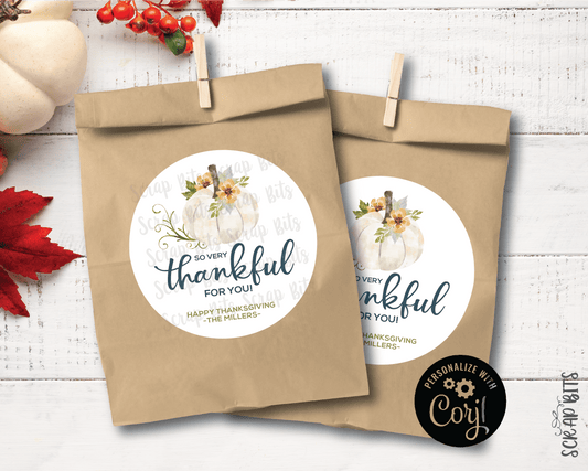 White Pumpkin Thankful Stickers . Printable Thanksgiving Labels, Instant Download Editable Template - Scrap Bits