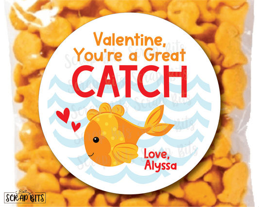 You're A Great Catch Goldfish Valentines . Valentine's Day Stickers or Tags - Scrap Bits