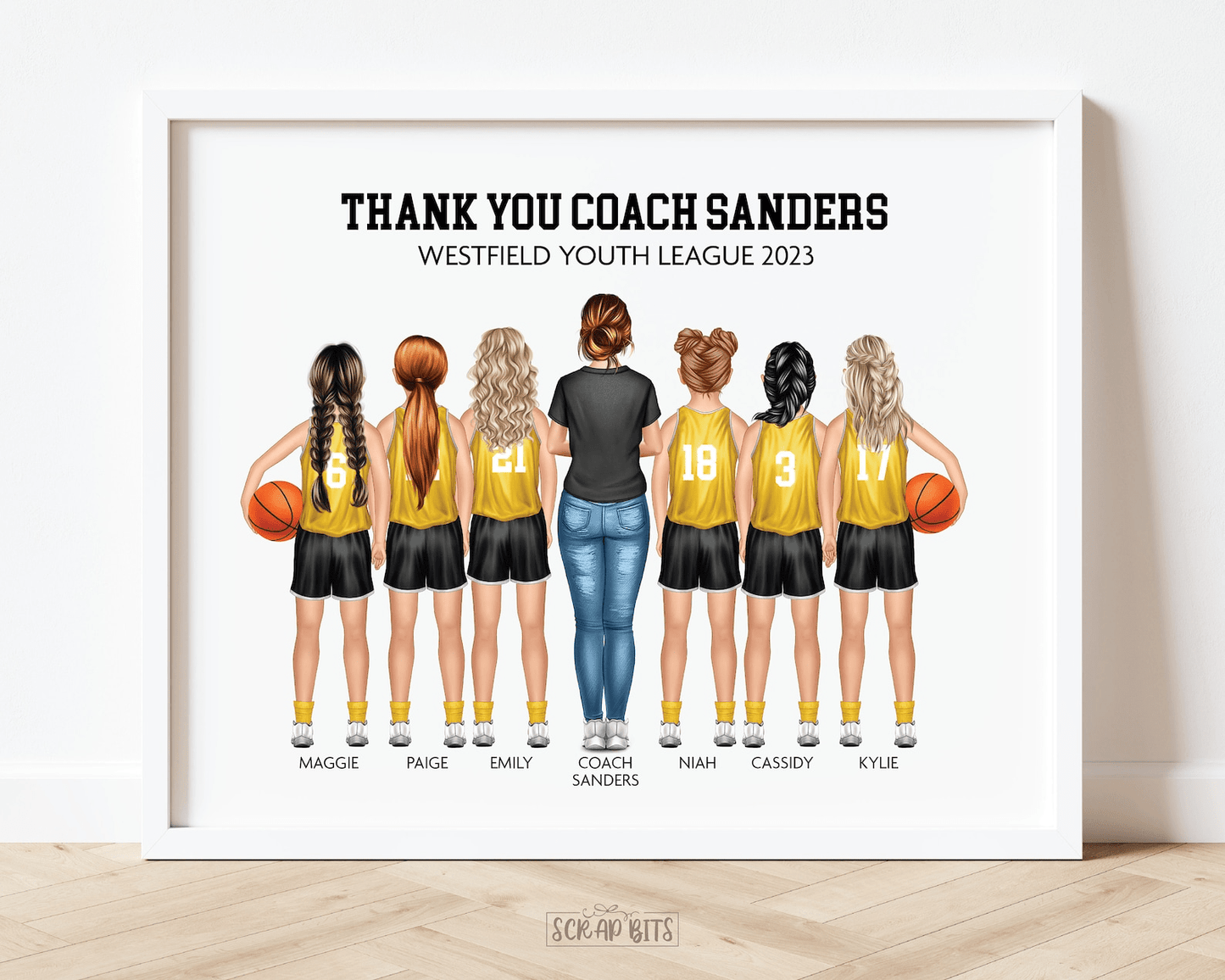 Youth Girls Basketball Team Print, Custom Basketball Team Gift . Personalized Digital Portrait Print - Scrap Bits