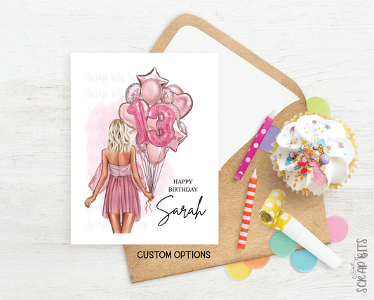 13th Birthday Card for Her, ANY Age Balloon Bunch, Custom Girl Birthday Portrait Card - Scrap Bits