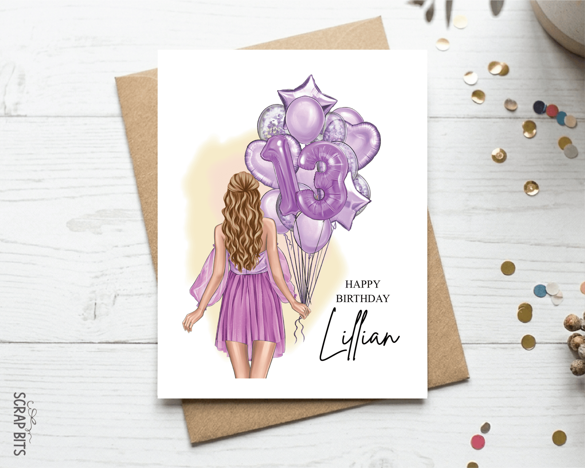 13th Birthday Card for Her, ANY Age Balloon Bunch, Custom Girl Birthday Portrait Card - Scrap Bits