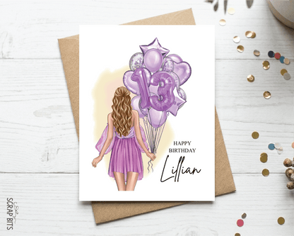 13th Birthday Card for Her, ANY Age Balloon Bunch, Custom Girl Birthday Portrait Card - Scrap Bits