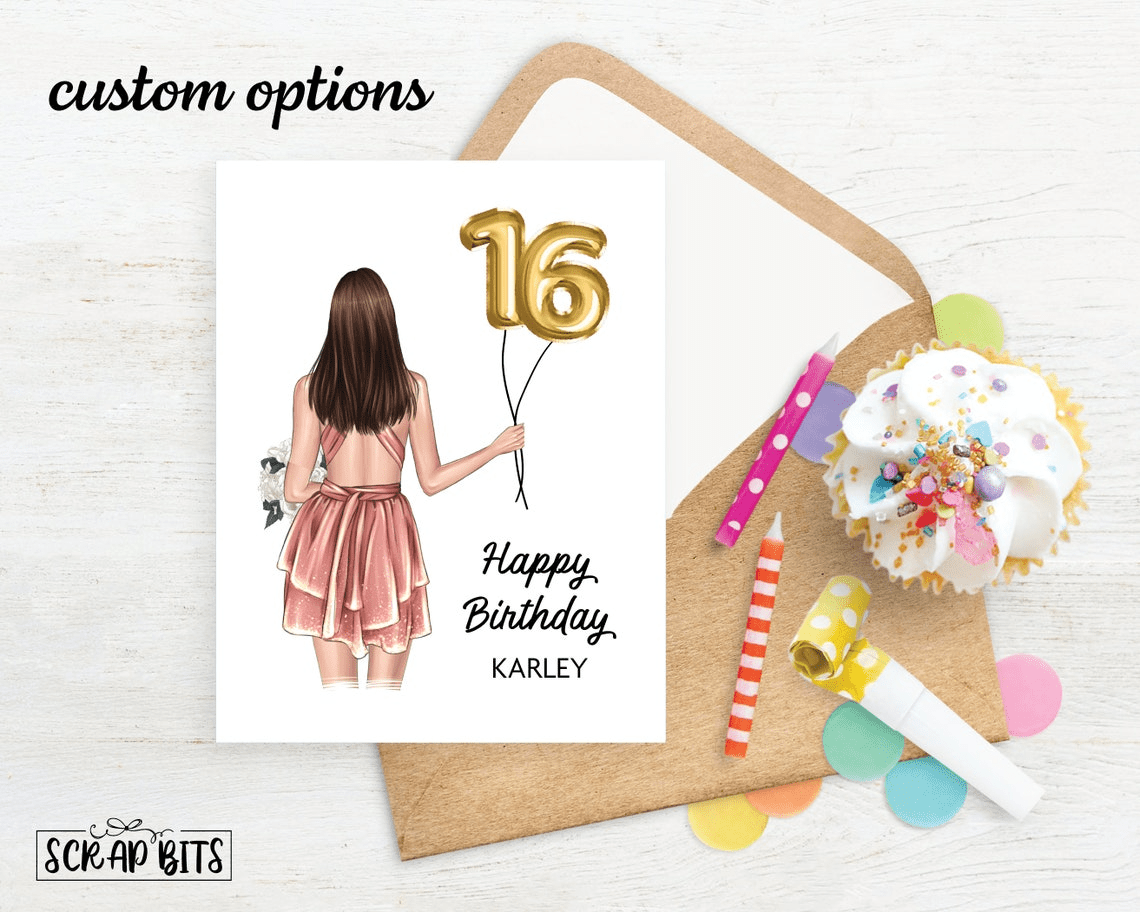 16th Birthday Card, ANY Age Foil Number Balloons, Custom Girl Birthday Portrait Card - Scrap Bits