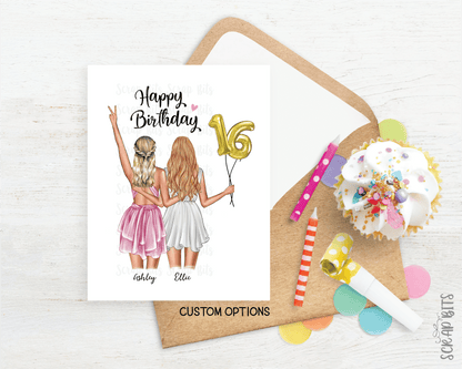 16th Birthday Card for Best Friend, ANY Age Foil Number Balloons, Custom Girl Birthday Portrait Card - Scrap Bits