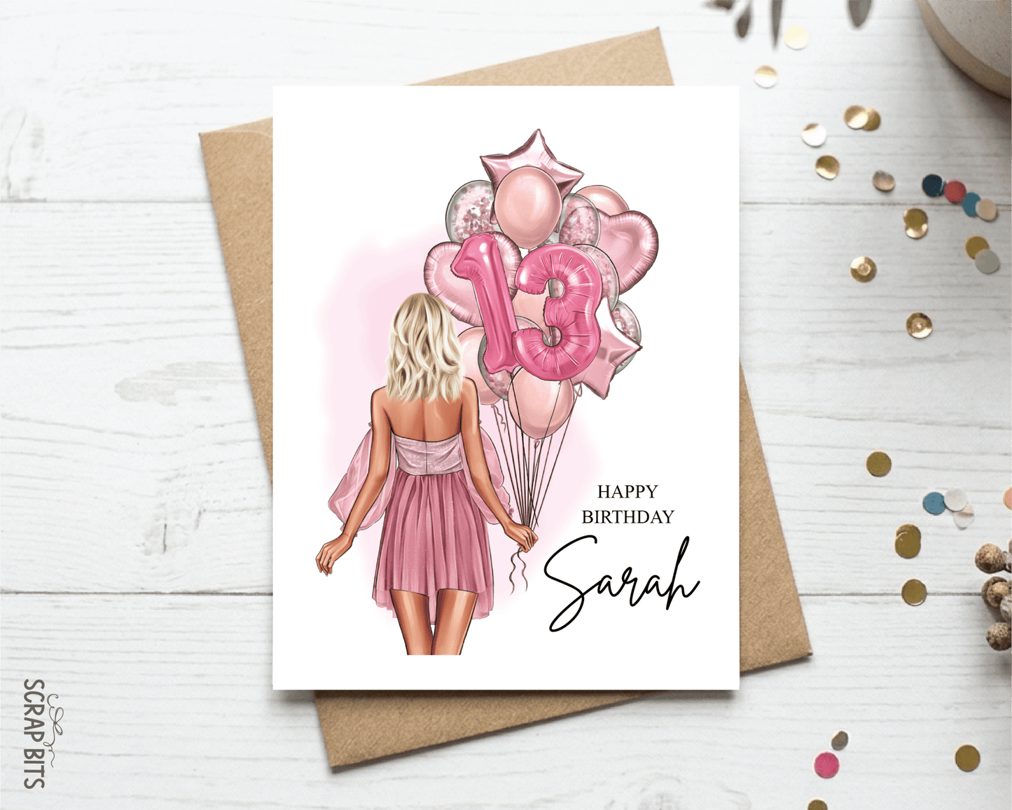 16th Birthday Card for Her, ANY Age Balloon Bunch, Custom Girl Birthday Portrait Card - Scrap Bits